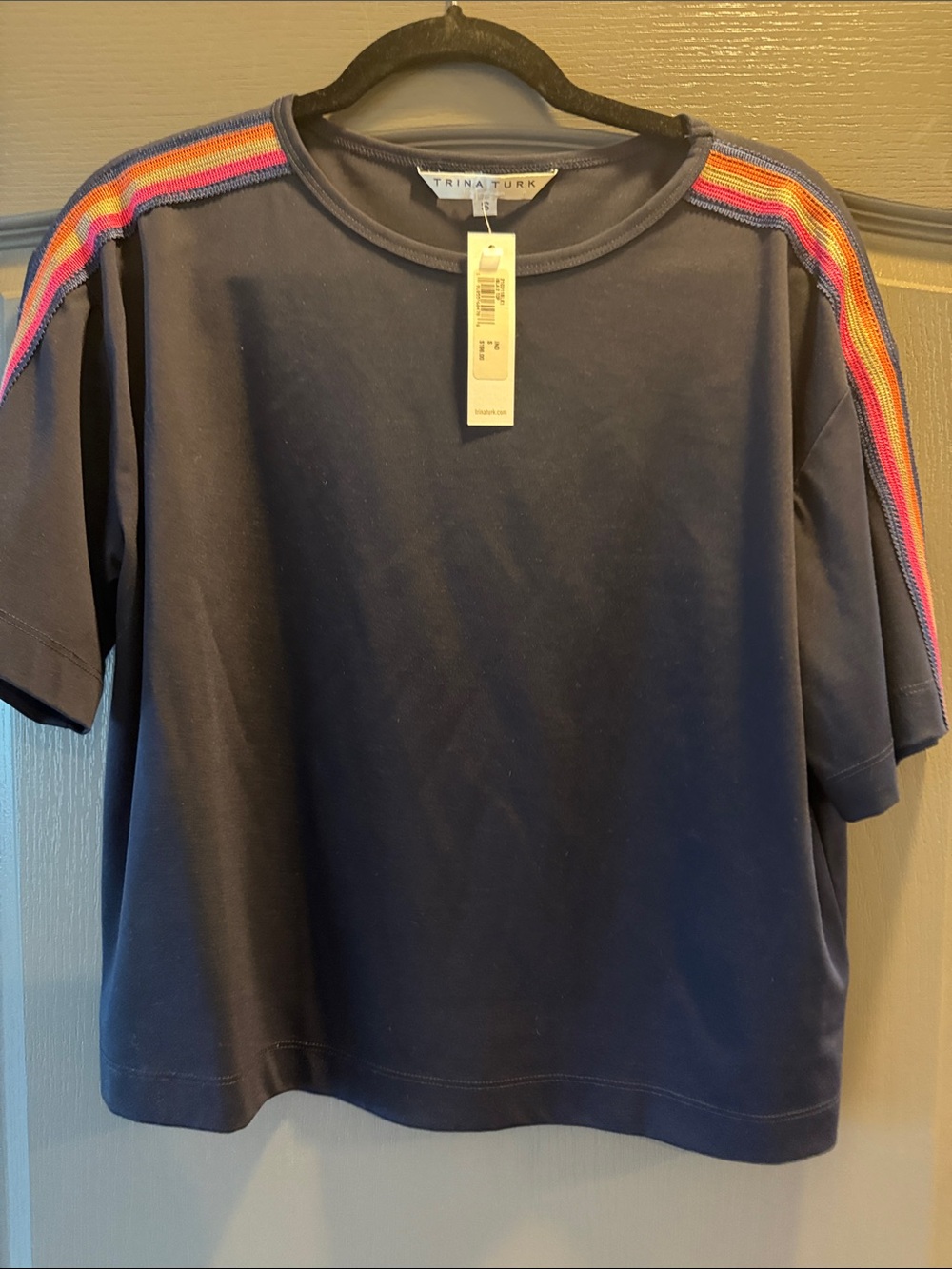 Trina Turk Navy Short Sleeve Tee with Rainbow Shoulder Stripes NWT S